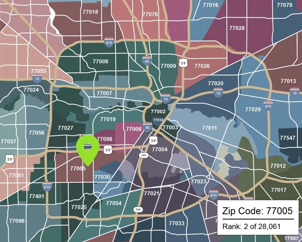 Houston mapa con códigos postales