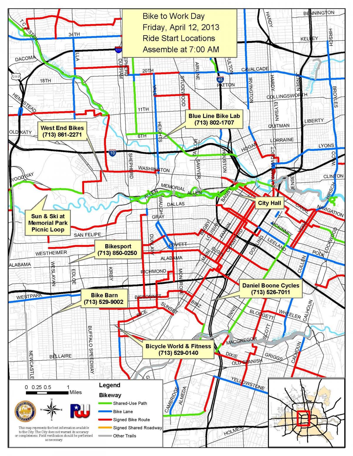 senderos para bicicletas de Houston mapa